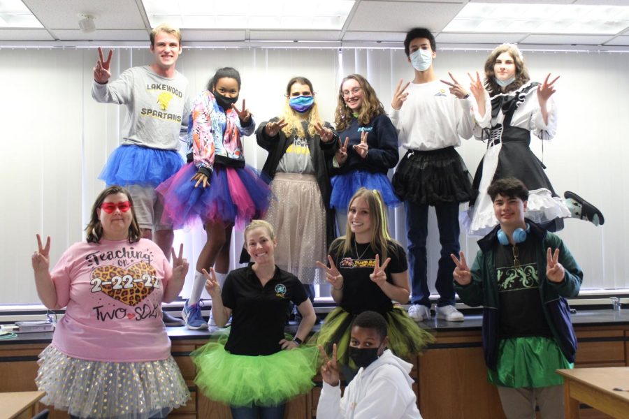 Lakewood High School teacher and students take a photo in their tutus on Feb. 22 in T202. Math teacher Ruth Hester organized allowing students and staff to wear tutus because its a rare palindrome that come once every 4 centuries. 