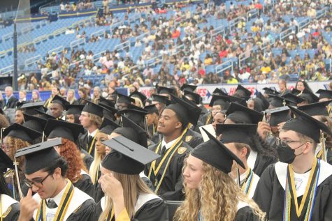 Seniors of the 2022 school year listen to speakers speak in the Tropicana Field for graduation May 19, 2022. 