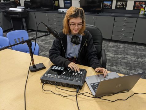Bella Croteau practices using the new podcasting equipment. The podcast booth consists of an AT2020 Audio-Technica microphone and TASCAM Mixcast 4 Podcast Mixer. It was fun because Ive always admired podcasters and now thats a possiblity for Lakewood, Croteau said.