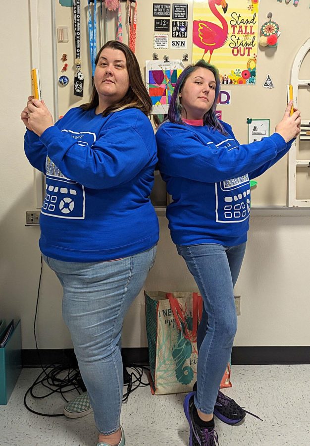 Math teacher Ruth Hester, left, and math teacher Anastasia Homan pose for a photo in matching shirts on Dec. 21 in T-201.
