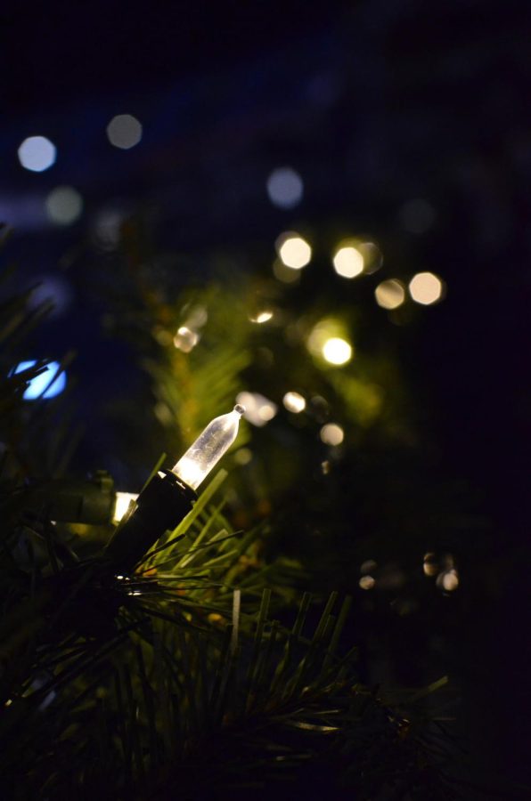 A Christmas light brightens a wreath.