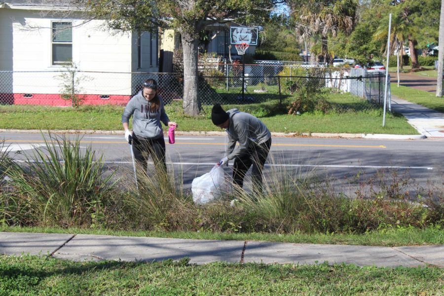 Martin Harvey and his wife picks up trash on Feb.3 at Bartlett Park. This is our first Saturday doing this but our church was doing a help around the city and county area so we jumped in and wanted to keep Pinellas beautiful, Harvey said.