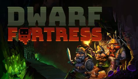 Promotional poster for Dwarf Fortress, available on Steam.