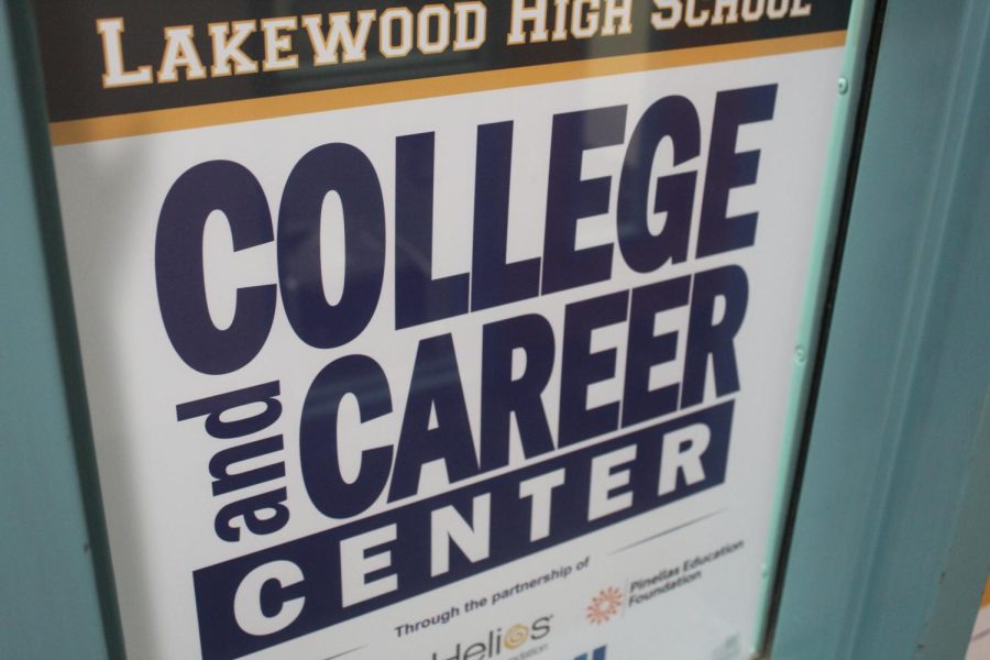 A poster outside the College and Career Center in the front office. This is where college advisor Brandon Cooper works. 