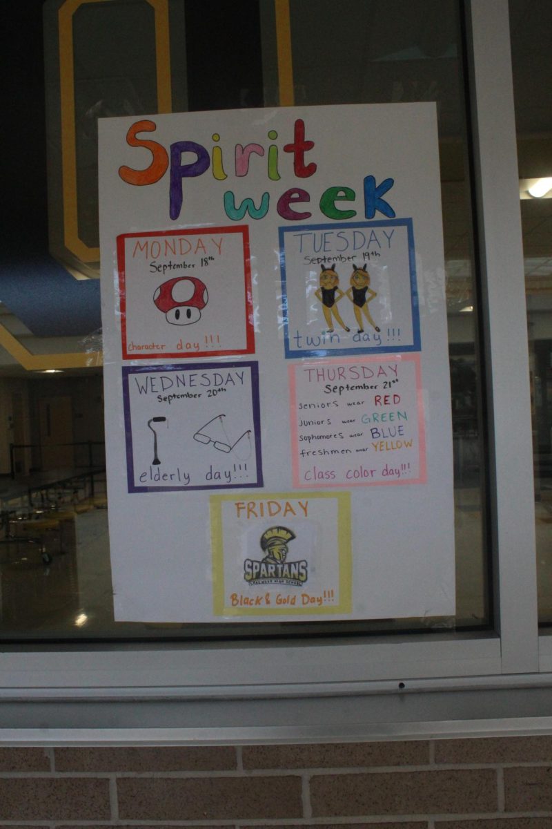 Crafted Spirit Week poster hangs outside of the Lakewood Cafeteria Sept. 15. This poster was made by the Student Government Association to get students excited about the upcoming Spirit Week events.