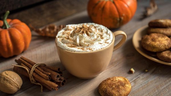 A cup of pumpkin spice latte sits between fall spices and fall decor. 