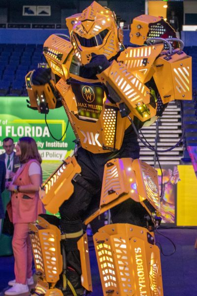 A big Max Willett robot poses for a picture in Synapse at Amalie Arena in Tampa.