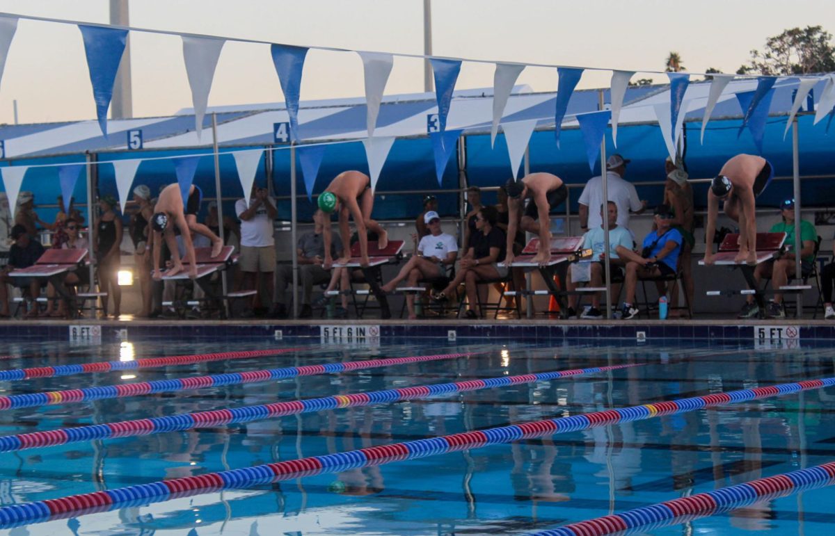 Junior Joel Burnsed gets ready to dive into the water to race against Eastlake and St. Pete High School in the 500 Yard Freestyle race. Lakewood's Swim Team went against EastLake and St. Pete high in a swim meet at Northshore on Wednesday, August 20th.
