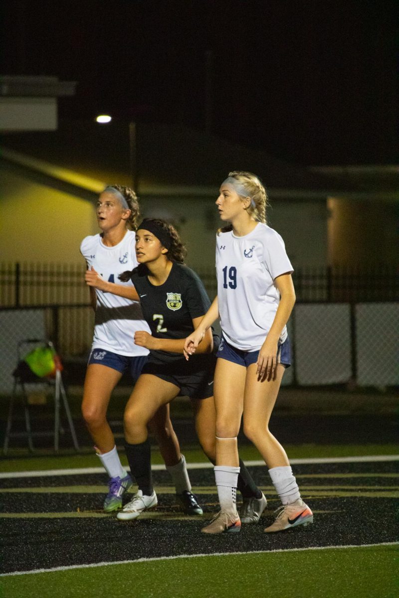 Senior Irene LaClaustra runs for the ball during a corner kick from the other team. A corner kick is done at the corner flags of the field, and it gives the other team a close opportunity to score a goal.